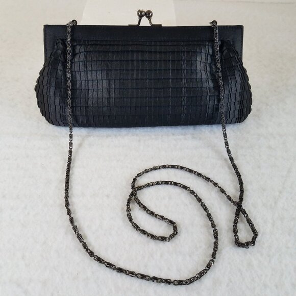 Jessica McClintock Black Satin Pleated Clutch Cocktail Handbag Rhinestone Kiss C - Picture 1 of 16
